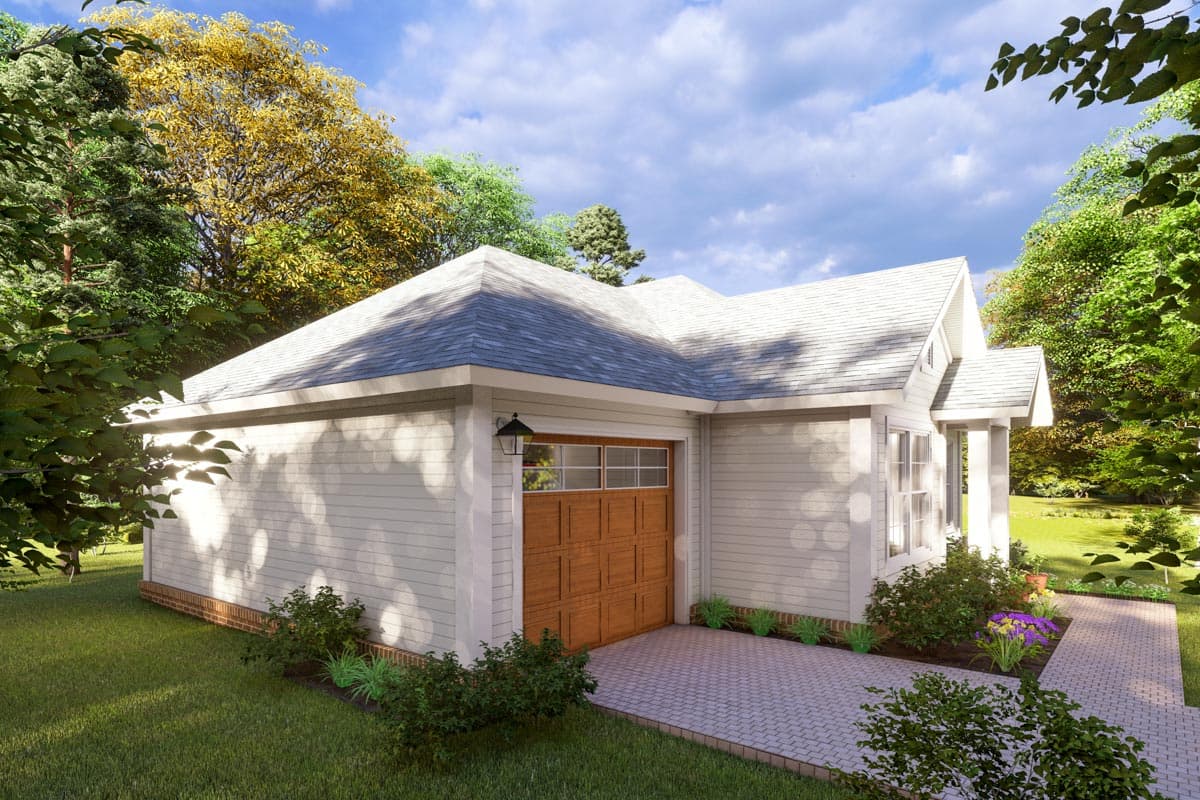 House plan exterior: Ranch style, one story with a side-entry garage, gabled dormer and wide-clapboard siding.