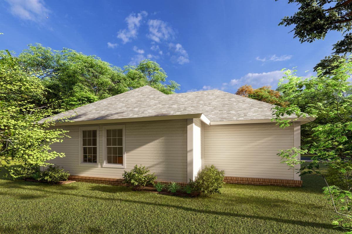 House plan exterior: single-story ranch with vinyl siding, gable roof, and double-hung windows.