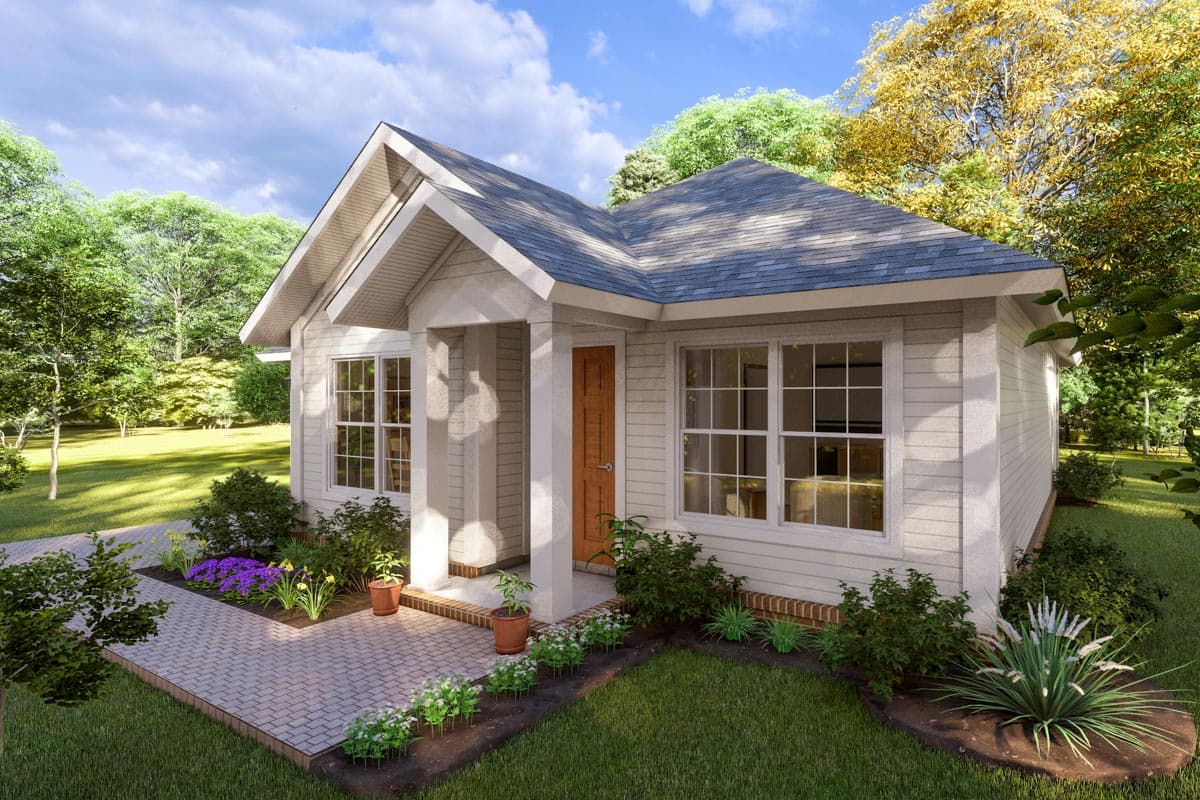 House plan exterior of a one-story home with a covered front porch, gable roof, and horizontal siding.