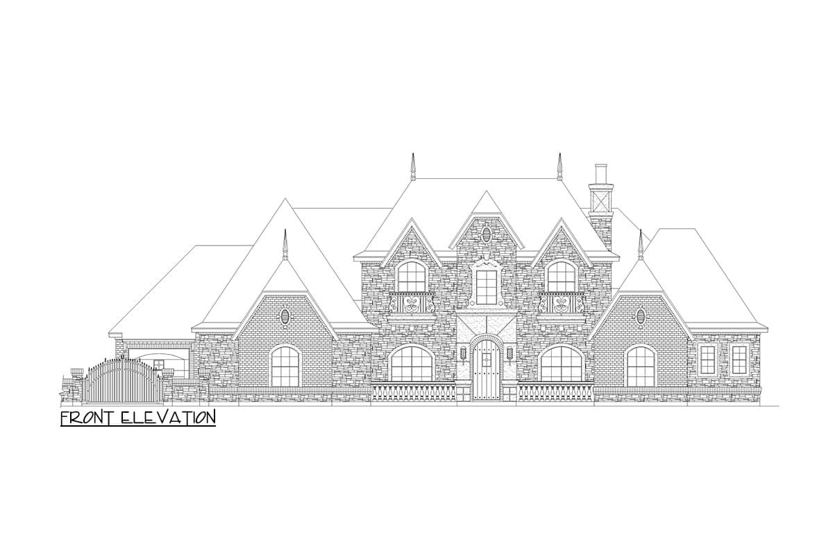 Front elevation house plan drawing of a two-story home with stone and brick facade, multiple gables, dormers, and attached garage.