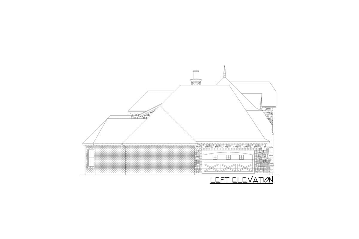 Left elevation drawing of a house plan with brick and stone exterior, multiple rooflines, a chimney, and a two-car garage.