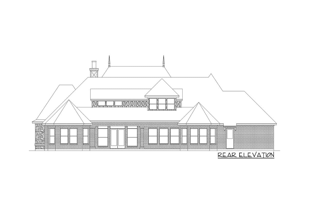 Rear elevation house plan with brick exterior, multiple gables, a chimney, and a central dormer.