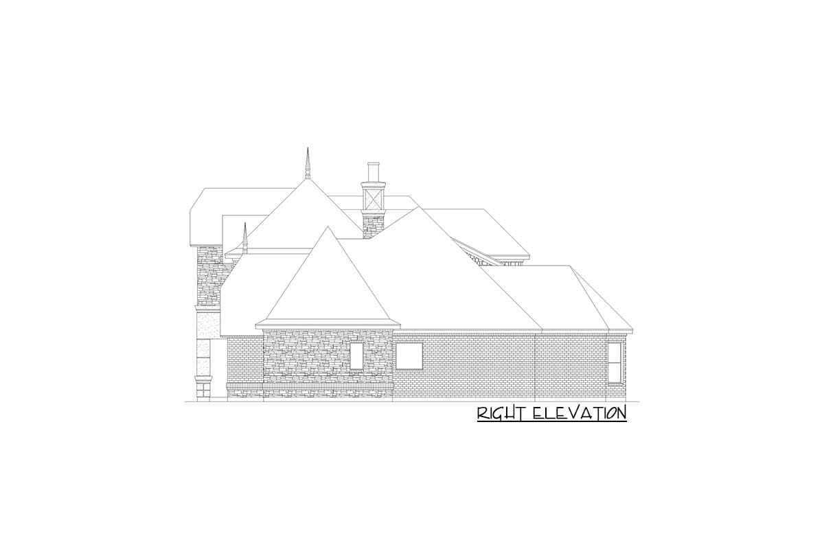 House plan right elevation drawing featuring stone and brick facade with multiple gables and chimneys.