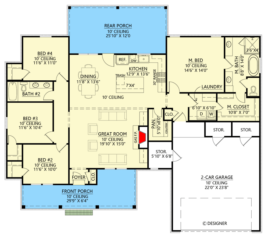 Plan 56532SM: 4-Bed Modern Farmhouse Plan Under 2000 Square Feet  - Floor Plan - Main Level - Country, Modern Farmhouse, New American, Ranch, Southern, Traditional