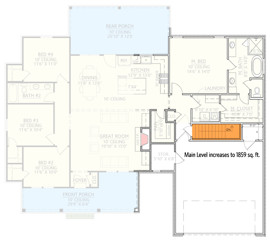 Plan 56532SM: 4-Bed Modern Farmhouse Plan Under 2000 Square Feet  - Floor Plan - Main Level - Basement Stairs  - Country, Modern Farmhouse, New American, Ranch, Southern, Traditional