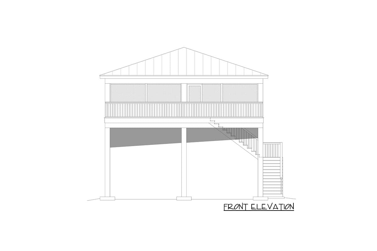 Front elevation drawing of a house plan raised on pilings with a screened porch and stairs.