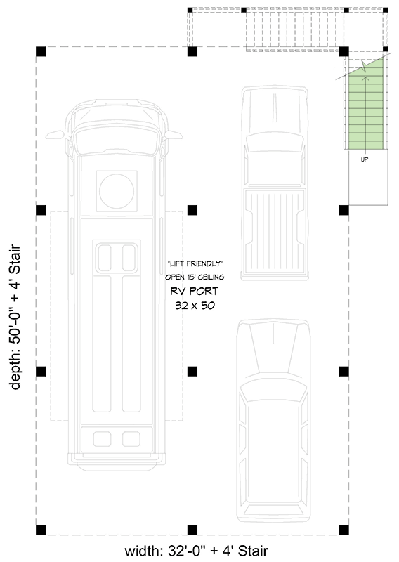 Plan 680081VR: RV Carport with Massive Screened and Open Deck Above - Floor Plan - Main Level - Coastal