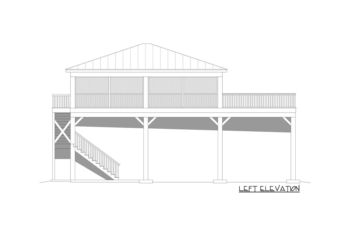 House plan left elevation showing a raised structure with a screened porch, deck, and exterior stairs.