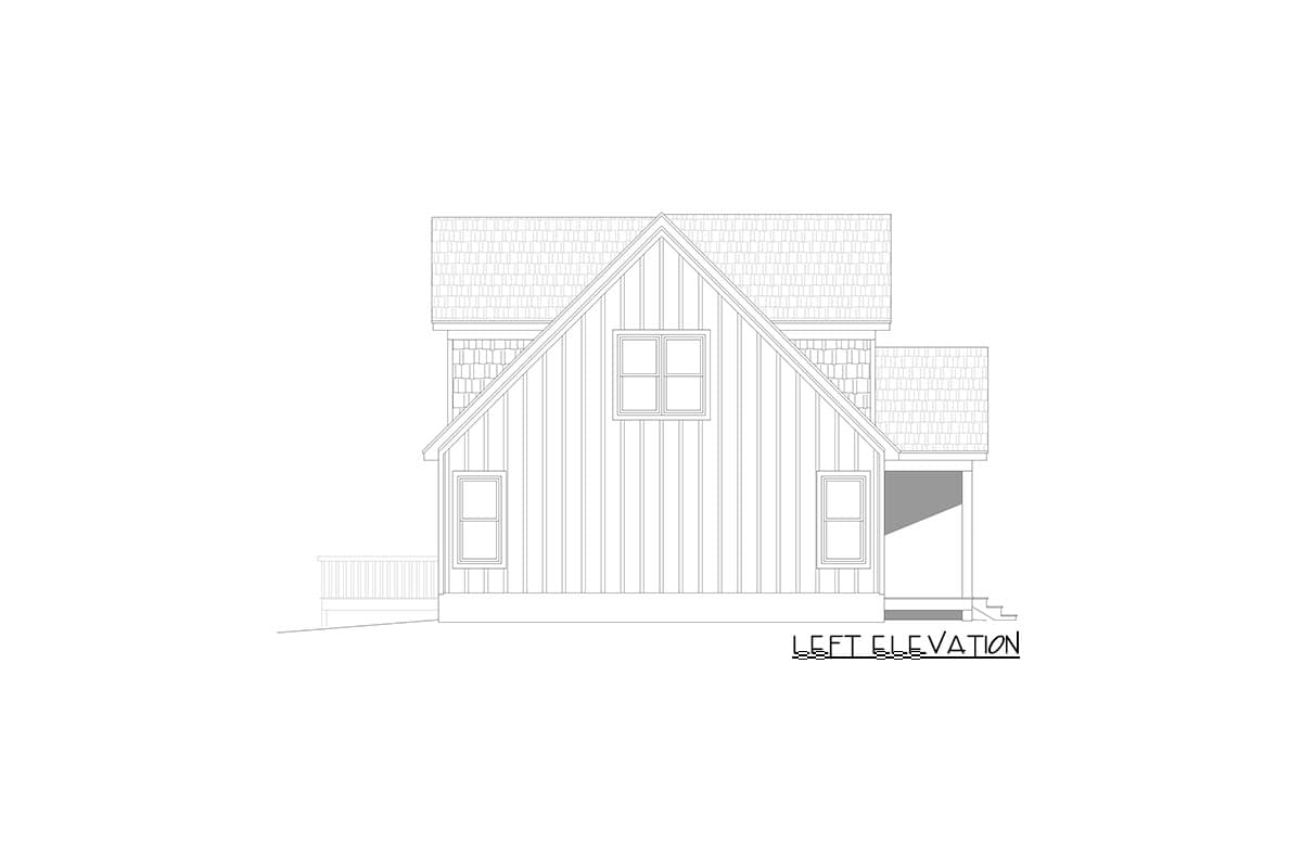 Left elevation of a two-story house plan featuring a prominent gable, board and batten siding, and a covered porch.