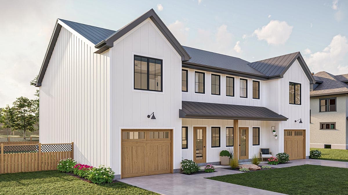 Modern Farmhouse two-story house plan exterior with vertical siding, metal roof, two garages, and covered entry.