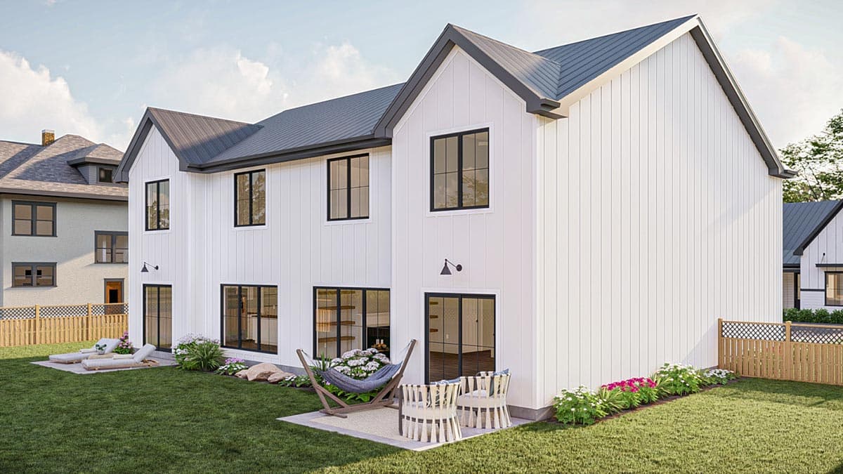 Modern farmhouse house plan exterior with white vertical siding, dark gable roof, and black-framed windows.