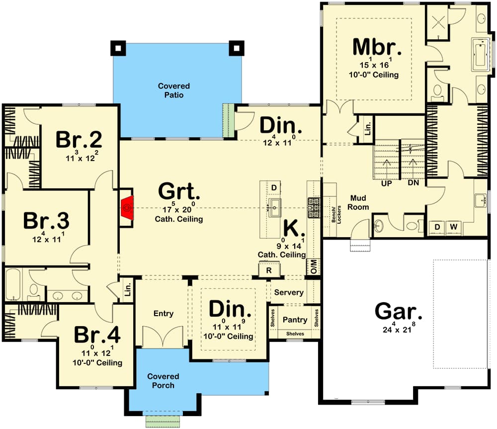 Plan 623191DJ: 4-Bed Craftsman-Style Ranch with Two-Story Great Room and Breakfast Nook - 2569 Sq Ft - Floor Plan - Main Level - Country, Craftsman, Modern Farmhouse, New American, Ranch, Traditional