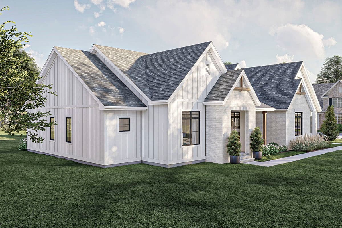 House plan exterior: Modern Farmhouse style, one story, white board and batten siding, gabled roof, brick accents.