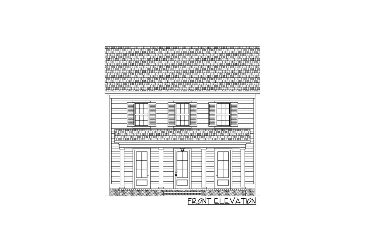 Front elevation drawing of a two-story house with three front doors, a covered porch with columns, and three upper-level windows with shutters.