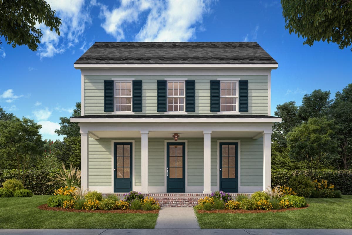 House plan exterior. Two-story Colonial-style home with a front porch, multiple windows with shutters, and a symmetrical facade.