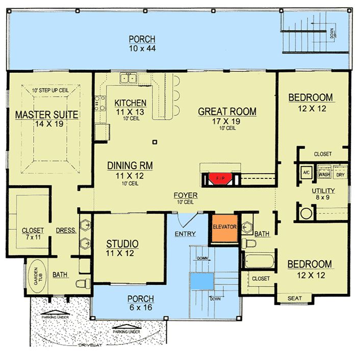 Plan 3481VL: Elevated Living - Floor Plan - Main Level - Beach, Coastal, Cottage, Low Country, Vacation