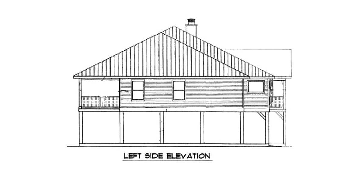 Left side elevation of a house plan showing a large gable roof, two windows, a covered porch, and piers.