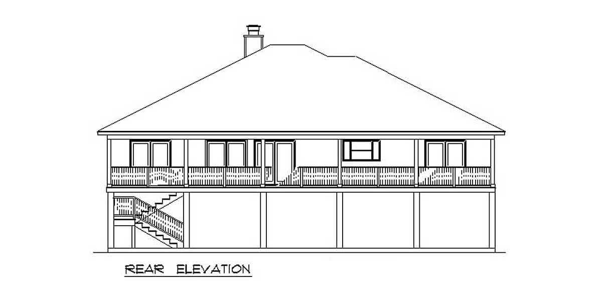 Rear elevation drawing of a house plan featuring a covered porch, double doors, and a chimney.