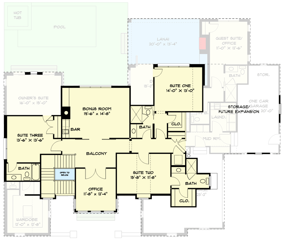 Plan 93054EL: Transitional Tudor Home Plan with Main-level Owner's Suite and Pool Concept - Floor Plan - 2nd Floor - European, New American, Transitional, Tudor