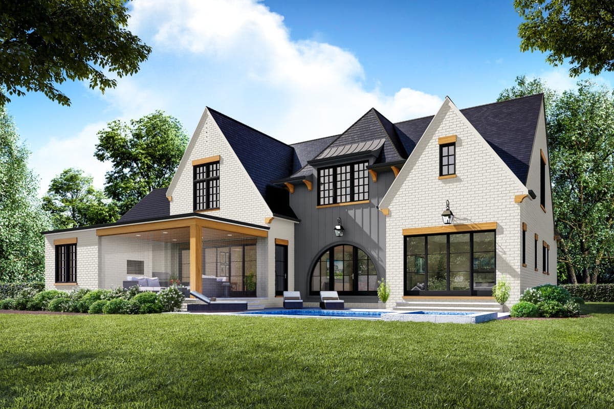 House plan exterior: Modern farmhouse style with white brick, gables, covered porch with wood beams, and arched entrance.