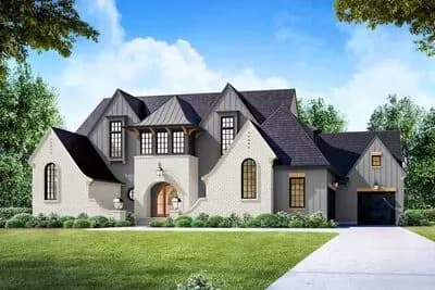 Transitional Tudor Home Plan with Main-level Owner's Suite and Pool Concept