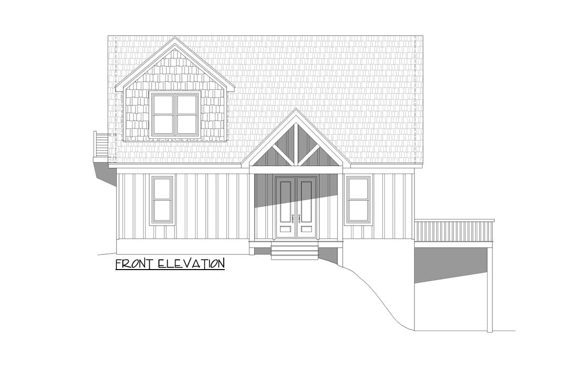 Front elevation drawing of a two-story house plan with a gabled dormer, board and batten siding, and a front porch with exposed rafter details.