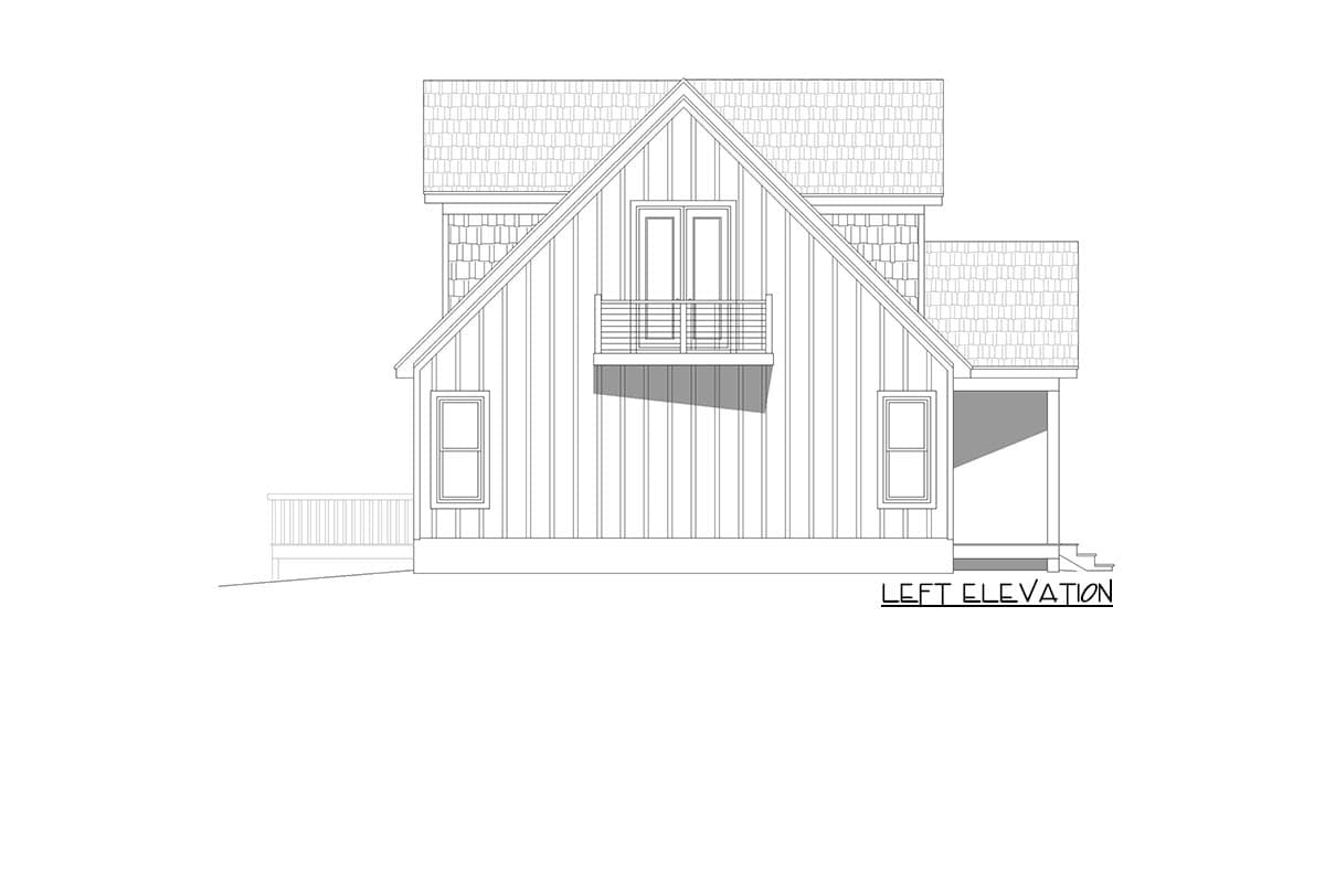 Left elevation of a house plan, featuring vertical siding, gabled dormer with French doors, balcony, and wood shingle roof.