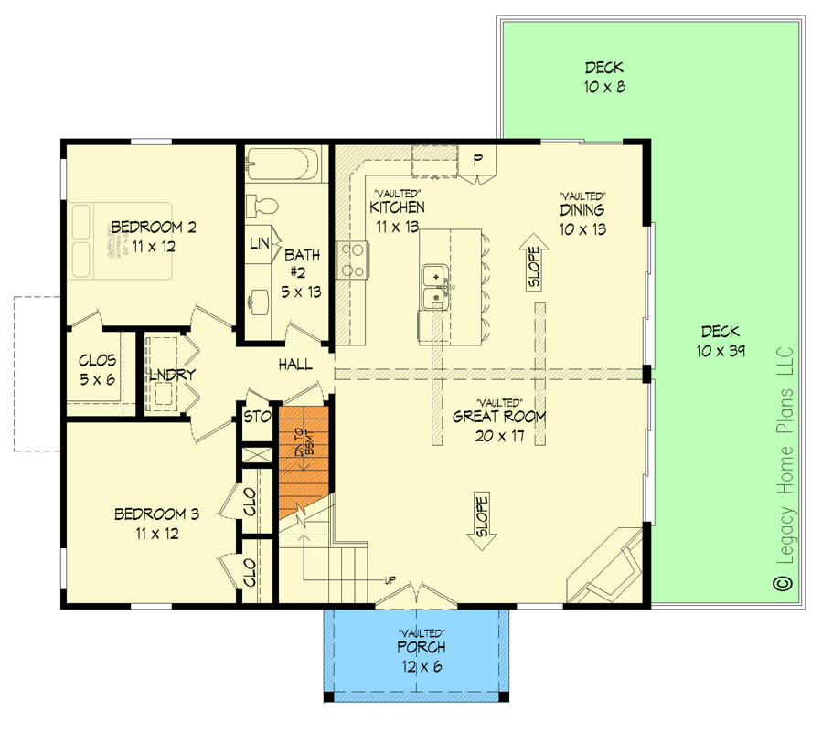 Plan 680083VR: Two-Story 1600 Square Foot Lake House Plan with Lower Level Expansion - Floor Plan - Main Level - Cottage, Country, Craftsman, Mountain, New American, Rustic