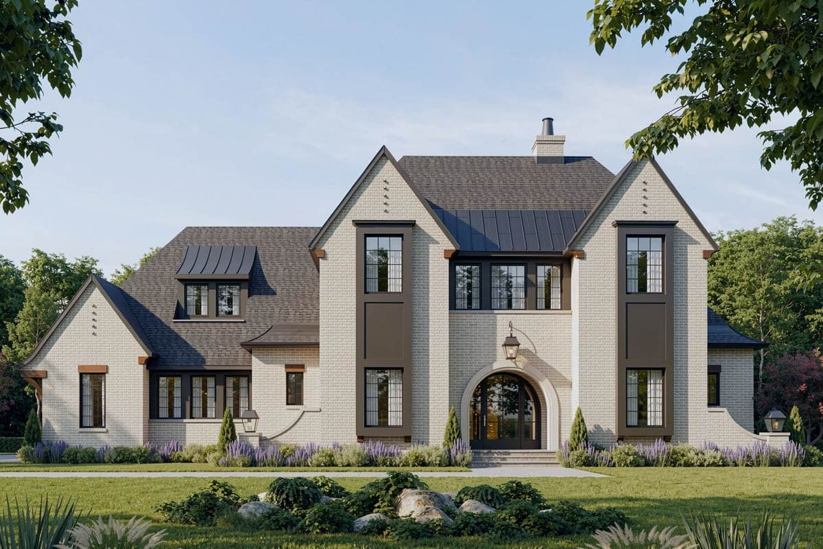 Plan 93137EL: 2-Story Modern Tudor House Plan with Main-floor Owner's Suite and Game Room - Image #1 - European, New American, Transitional, Tudor