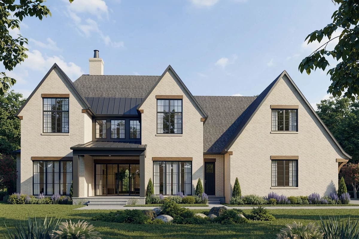 Plan 93137EL: 2-Story Modern Tudor House Plan with Main-floor Owner's Suite and Game Room - Image #2 - European, New American, Transitional, Tudor