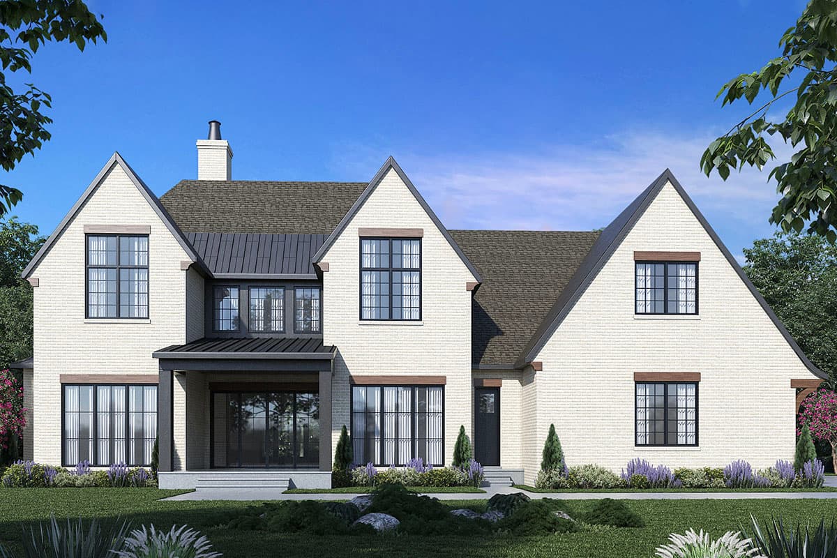 House plan exterior: two-story Modern Farmhouse with white brick, gables, metal roof accents, and covered entry.