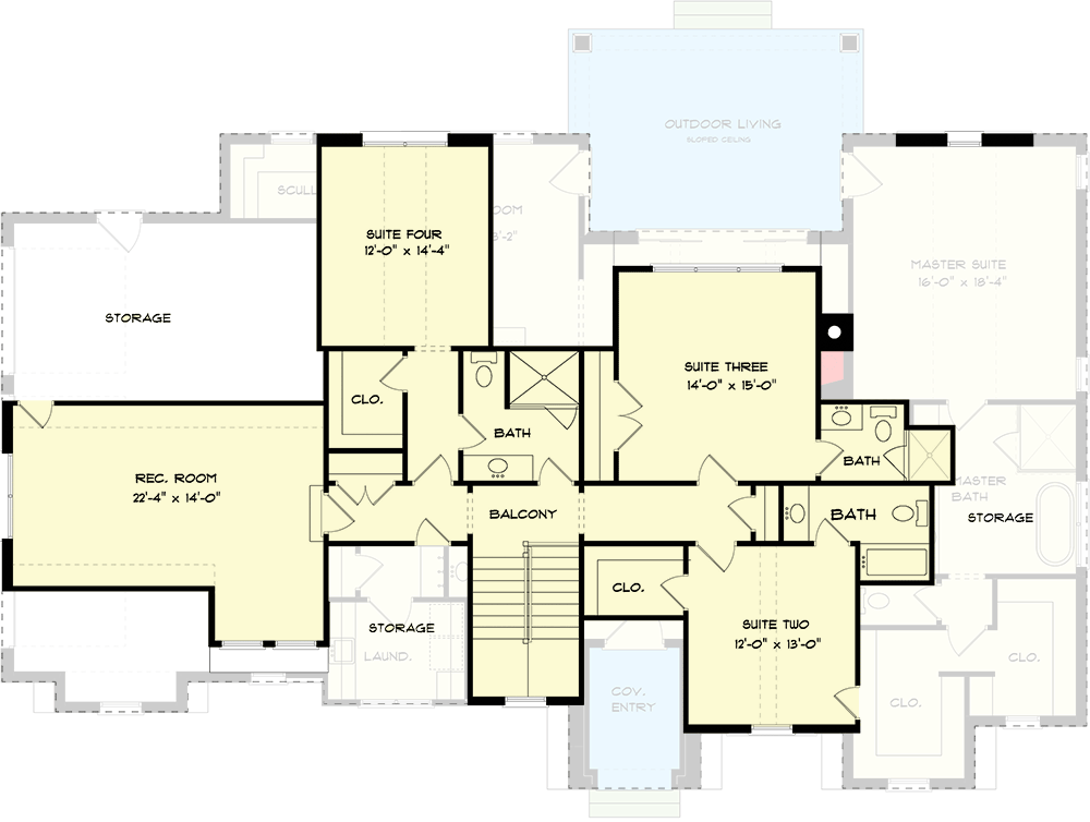 Plan 93138EL: 4 Bed New American Masterpiece-of-a-Home-Plan Under 3700 Square Feet - Floor Plan - 2nd Floor - Craftsman, New American, Rustic, Transitional