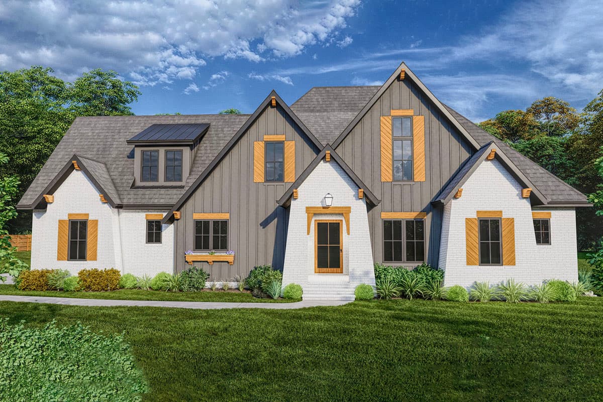 Modern farmhouse house plan exterior with multiple gables, wood shutters, and dormer windows. Features include board and batten siding.