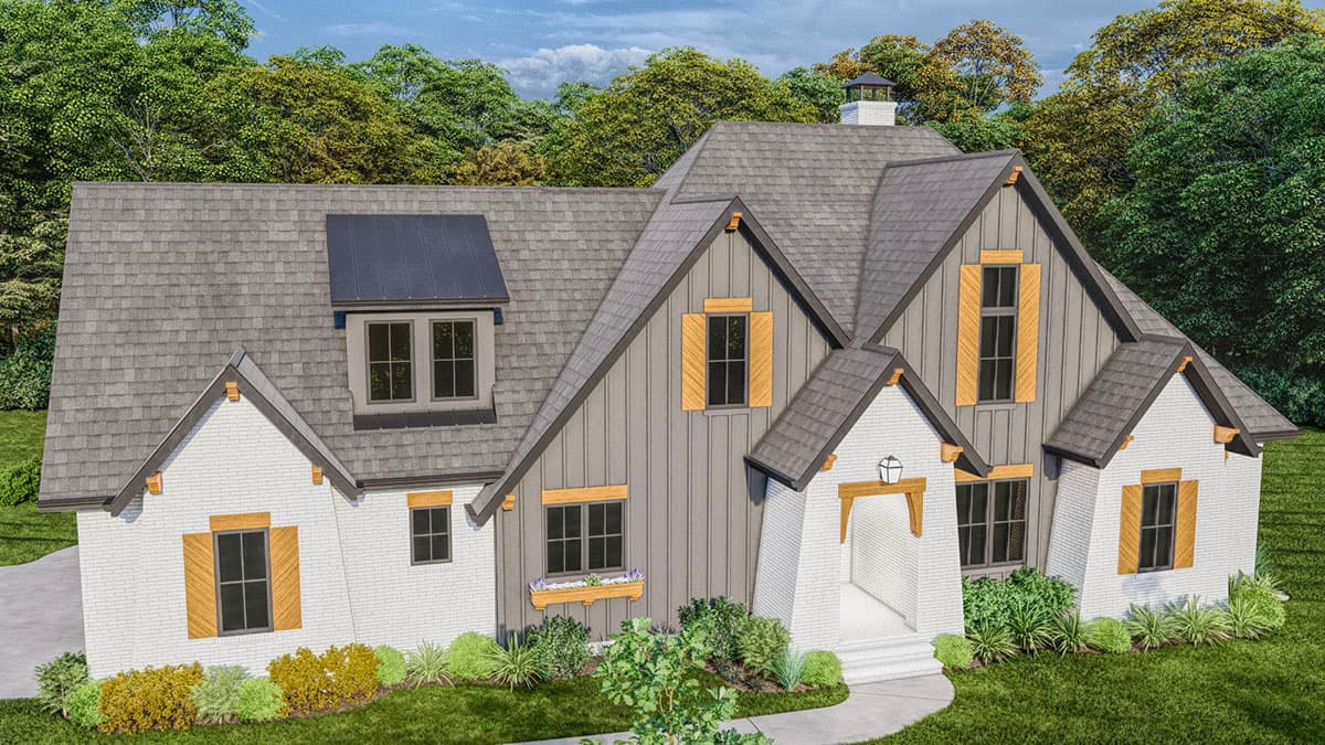 Modern Farmhouse house plan exterior with white brick, gray vertical siding, dormers, gables, and wood accents.