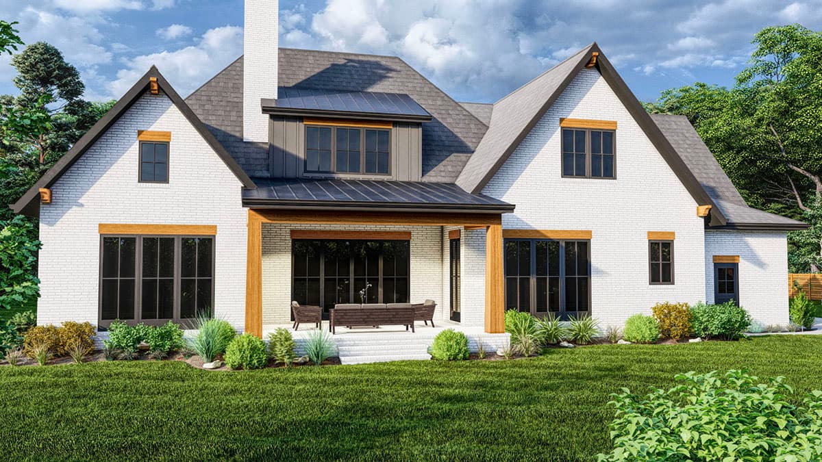 House plan exterior: Modern Farmhouse style, white brick, multiple gables, dormer, covered patio, and large windows.