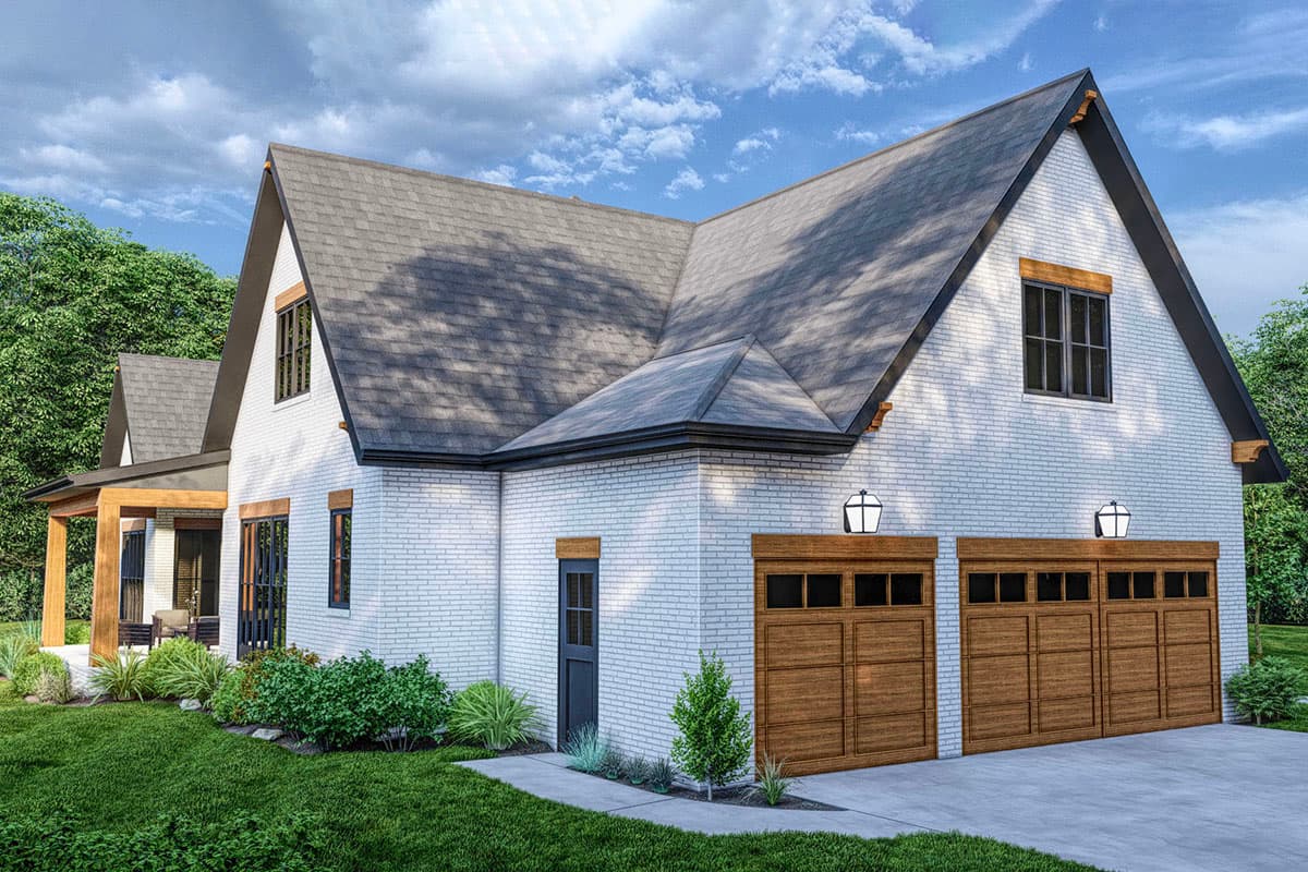 House plan exterior: Modern Farmhouse style, two stories, white brick, gable roof, wood garage doors, covered porch.