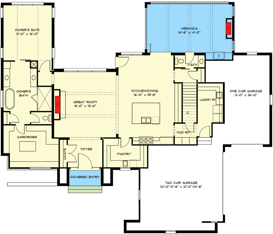 Plan 93139EL: Exclusive 4-Bed European Home Plan with Game Room - Floor Plan - Main Level - European, New American, Transitional