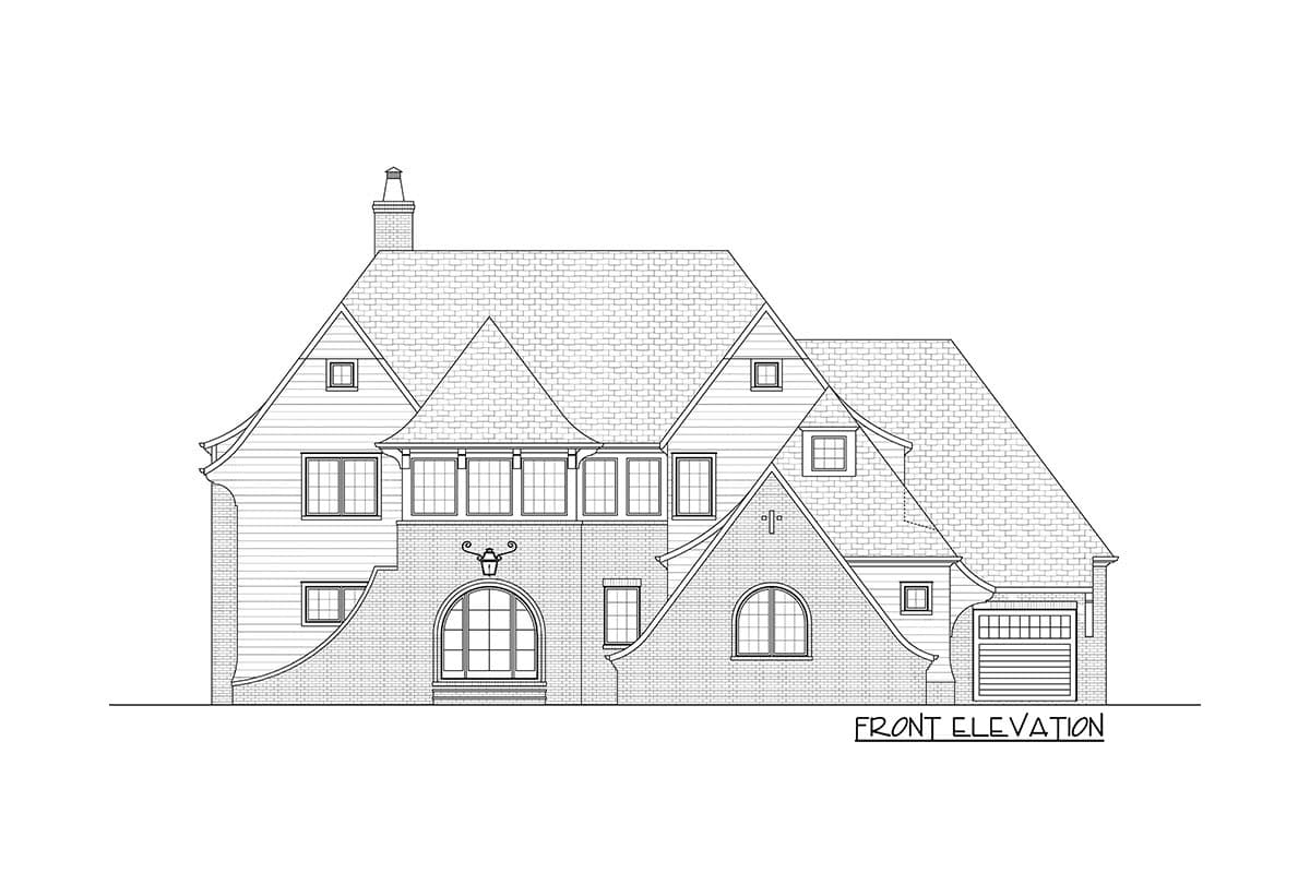 Front elevation drawing of a Tudor-style house plan, featuring a prominent chimney, varied rooflines, arched entryway, and attached garage.