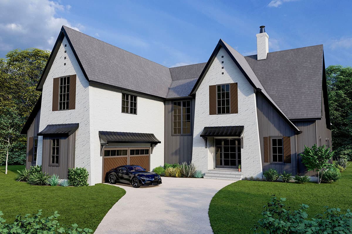 House plan exterior. Two-story Tudor style home with gabled roof, brick facade, and attached garage. Includes dark awnings and shutters.