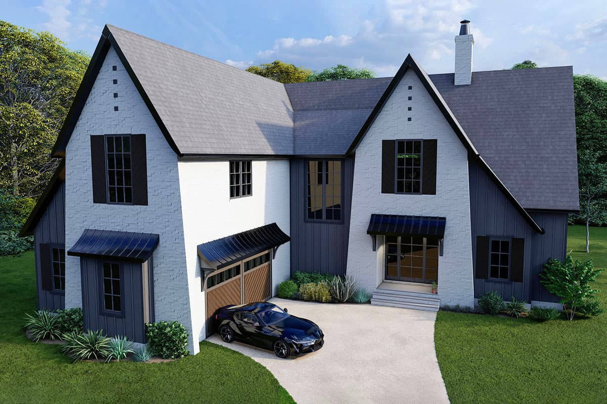 House plan exterior featuring a two-story design with gabled rooflines, brick exterior, black shutters, and a detached garage.