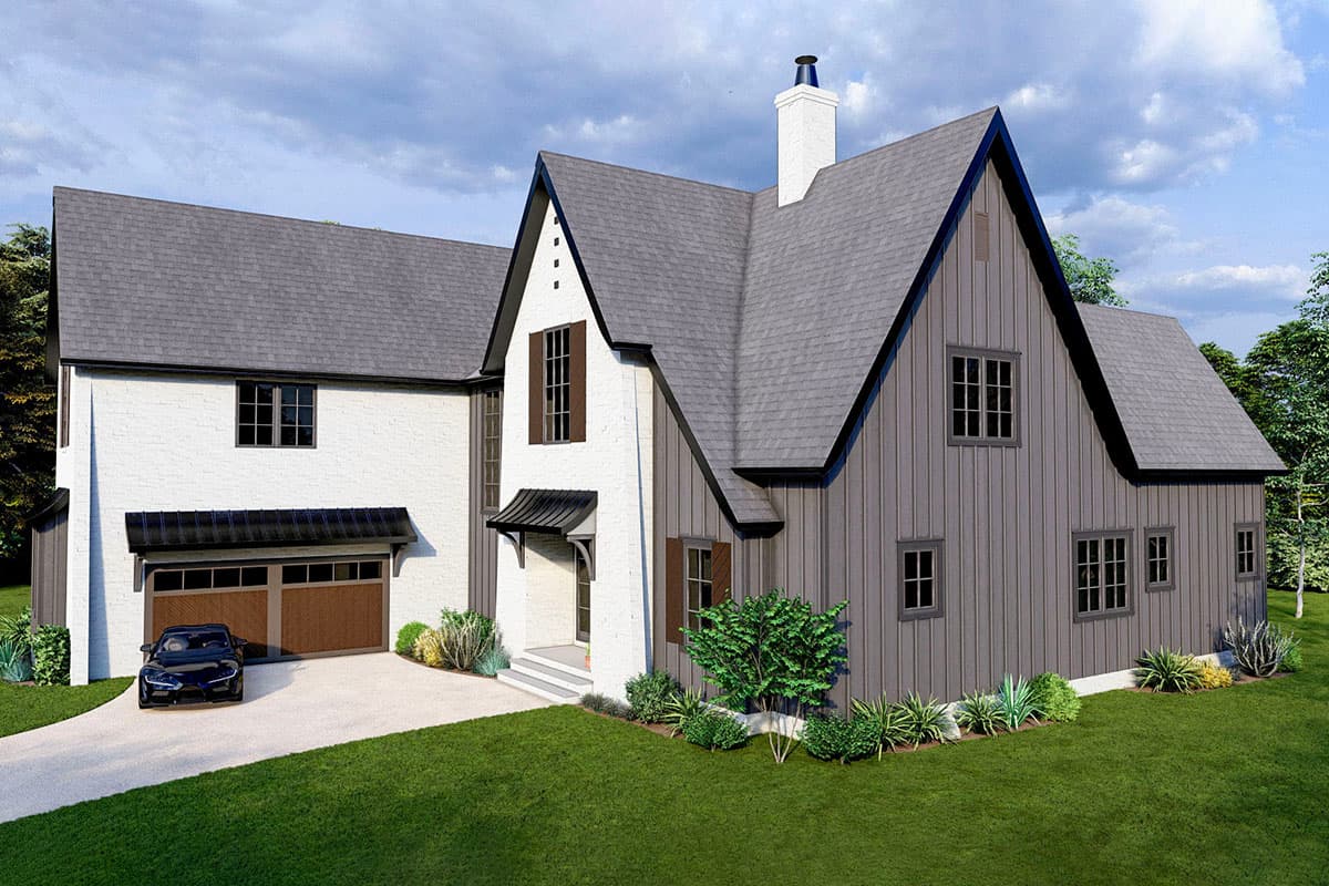 House plan exterior with white brick and board-and-batten siding, steeply pitched gables, and a two-car garage.