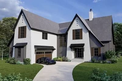 Exclusive Tudor Home Plan with Exposed Beams in Living / Dining Area and Large Veranda