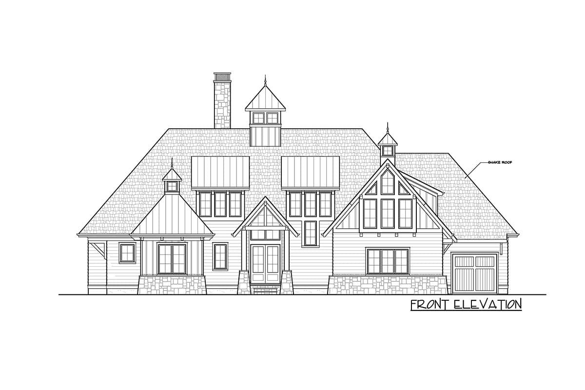 Front elevation of a house plan showing multiple gables, dormers, stone foundation, and shake roof.