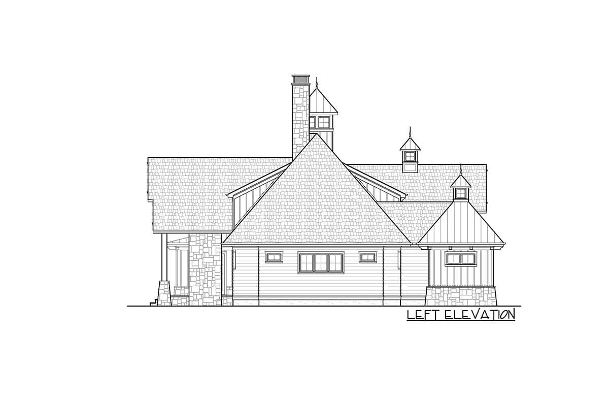 House plan left elevation drawing with stone accents, prominent gables, dormers, and a tall chimney.