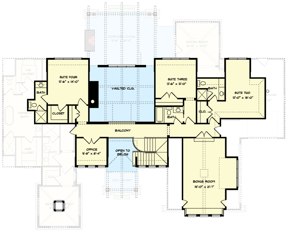 Plan 93141EL: Rustic Craftsman Plan with Vaulted Great Room and Bonus Room above Garage - 3940 Sq Ft - Floor Plan - 2nd Floor - Craftsman, Mountain, New American, Rustic