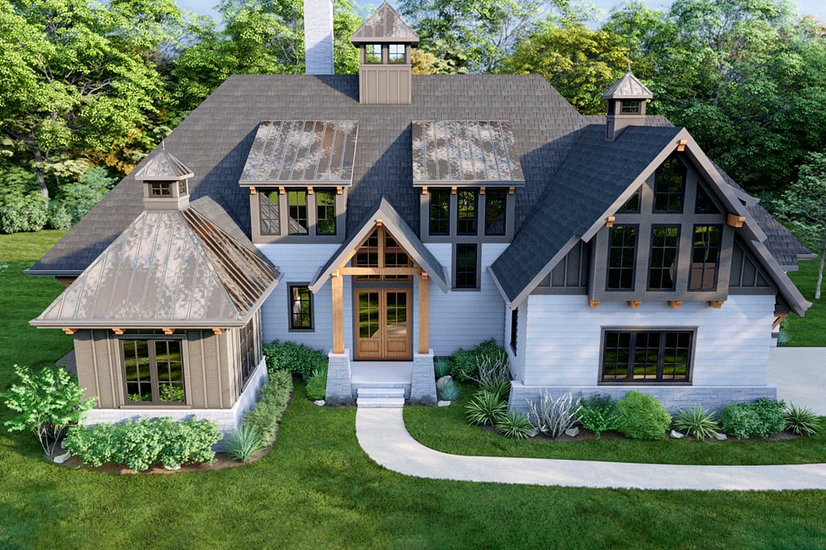 House plan exterior with Craftsman style. Features include multiple gables, metal roof accents, and a covered entry with exposed beams.
