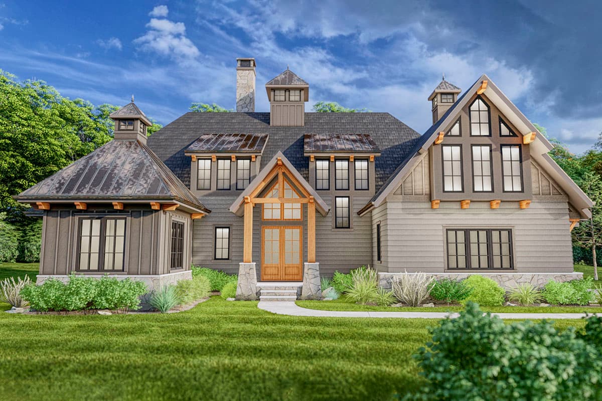 House plan exterior featuring a multi-story modern farmhouse design with gables, dormers, stone accents, and a prominent wooden-beam entryway.