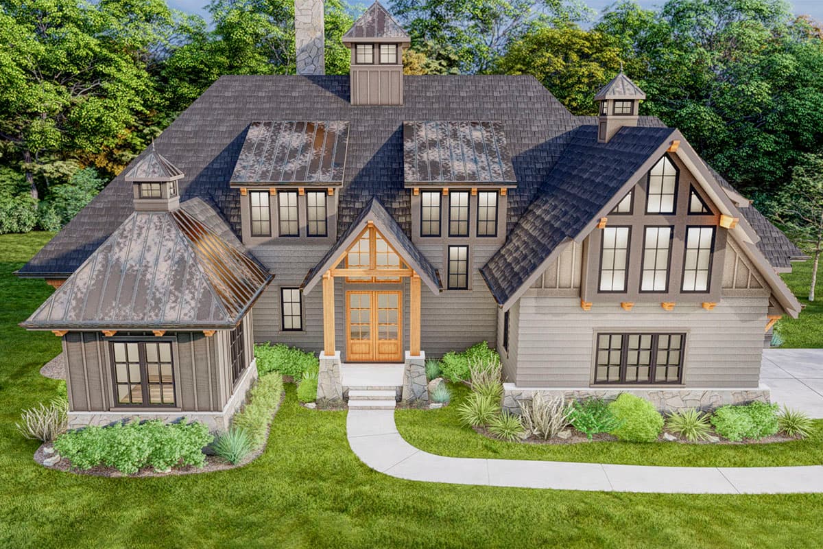 House plan exterior with a covered entry, stone accents, multiple gables, dormers, and a cupola.