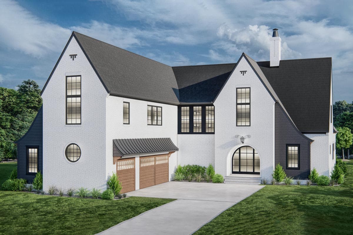 House plan exterior. Two-story with dark roof, brick facade, arched entry, and garage with wood doors. Includes gabled rooflines.