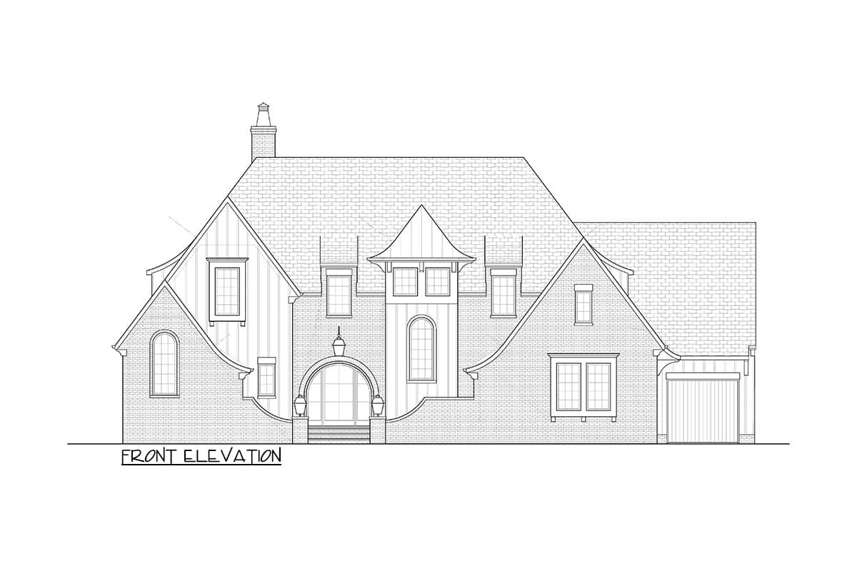 Front elevation house plan with arched entry, dormers, varied rooflines, brick exterior, and attached garage.